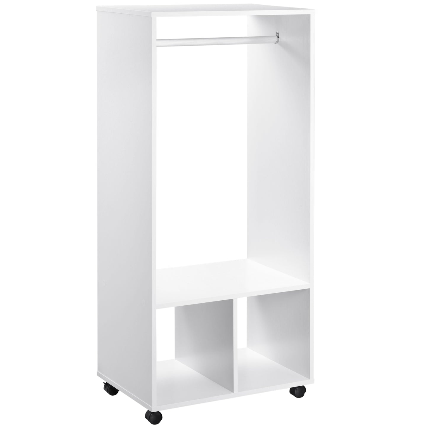 Photo of HOMCOM Open Wardrobe on Wheels, Bedroom Wardrobe with Clothes Hanging Rail, 2 Storage Shelves, Mobile Garment Rack for Cloakroom, Hallway, White in White colour on a white background
