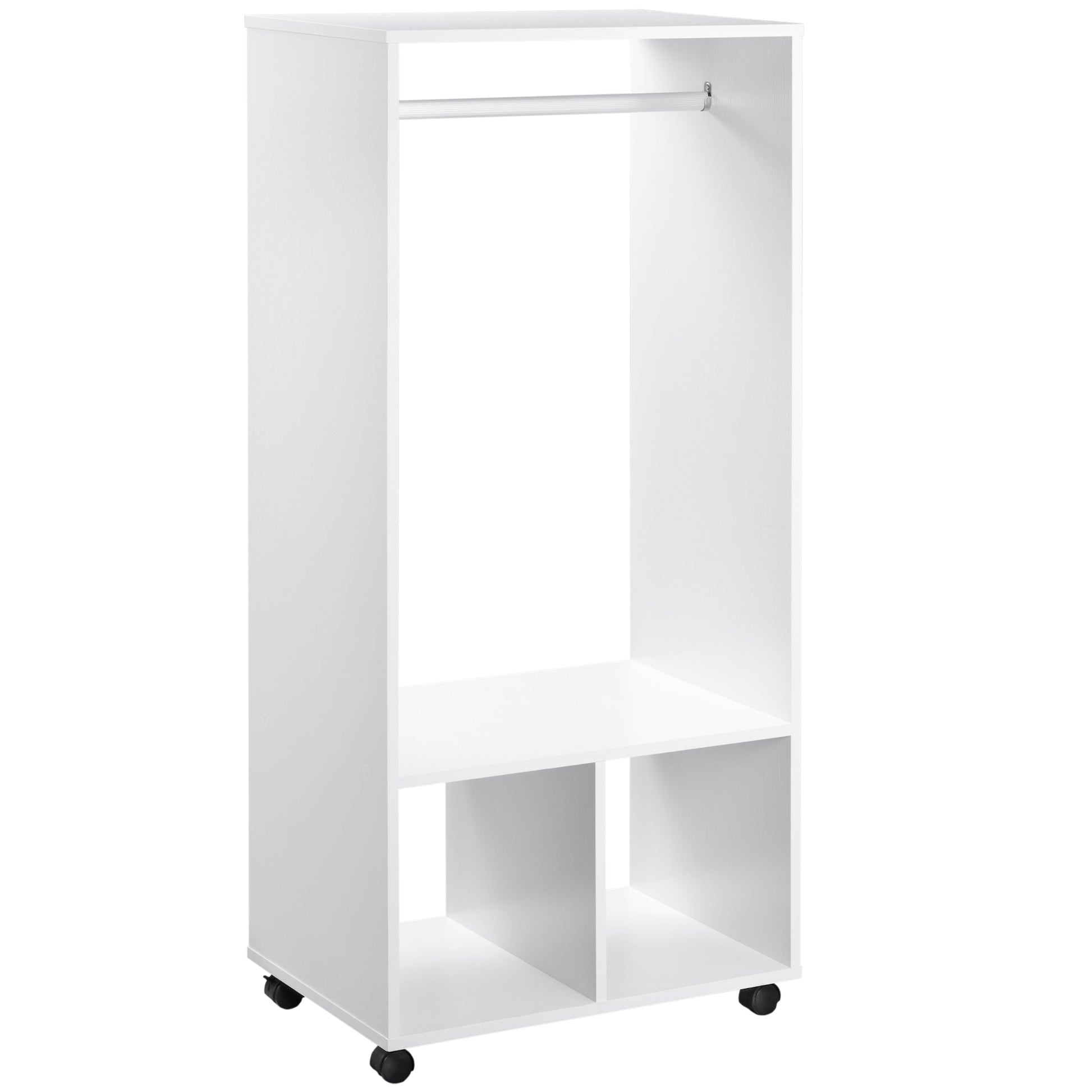 Photo of HOMCOM Open Wardrobe on Wheels, Bedroom Wardrobe with Clothes Hanging Rail, 2 Storage Shelves, Mobile Garment Rack for Cloakroom, Hallway, White in White colour on a white background