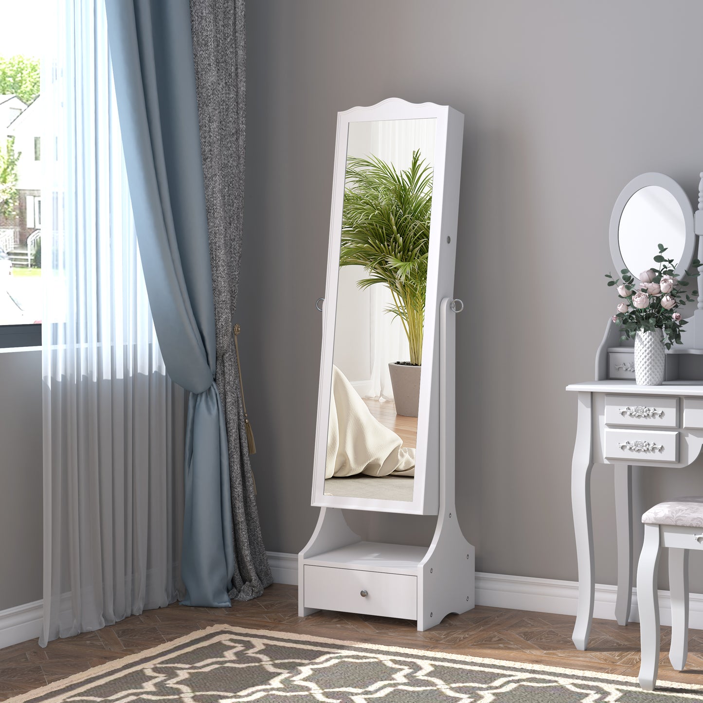 Photo of HOMCOM Jewellery Cabinet with led, mirroir Cabinet Armoire Floor Standing Flip-over Makeup Shelf Organizer with lock white in white colour on a white background