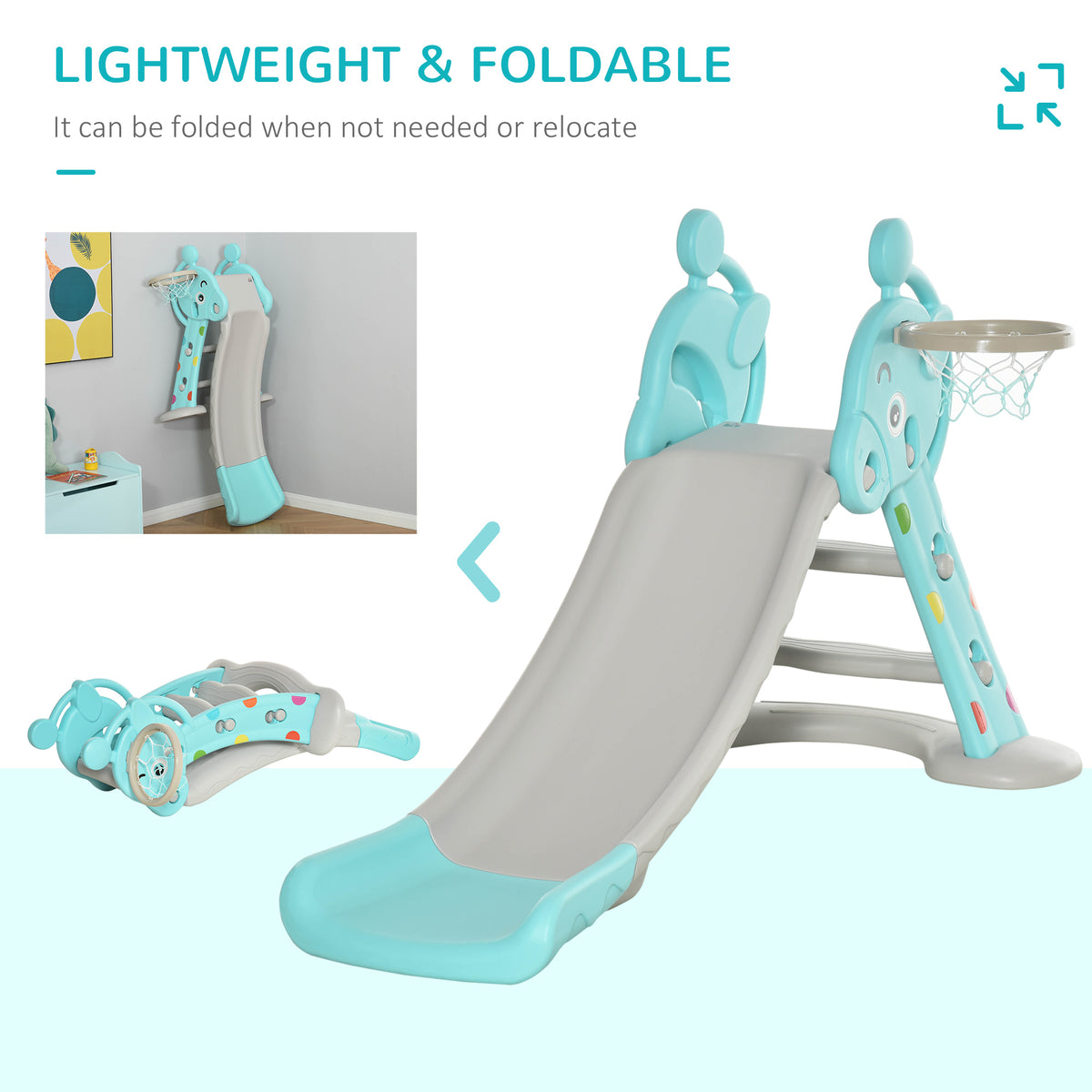 Turquoise and gray toddler slide shown assembled, folded, and stored upright