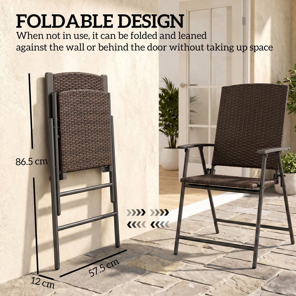 Brown rattan chair shown folded beside an upright chair, both with metal frames