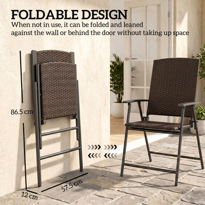 Brown rattan chair shown folded beside an upright chair, both with metal frames