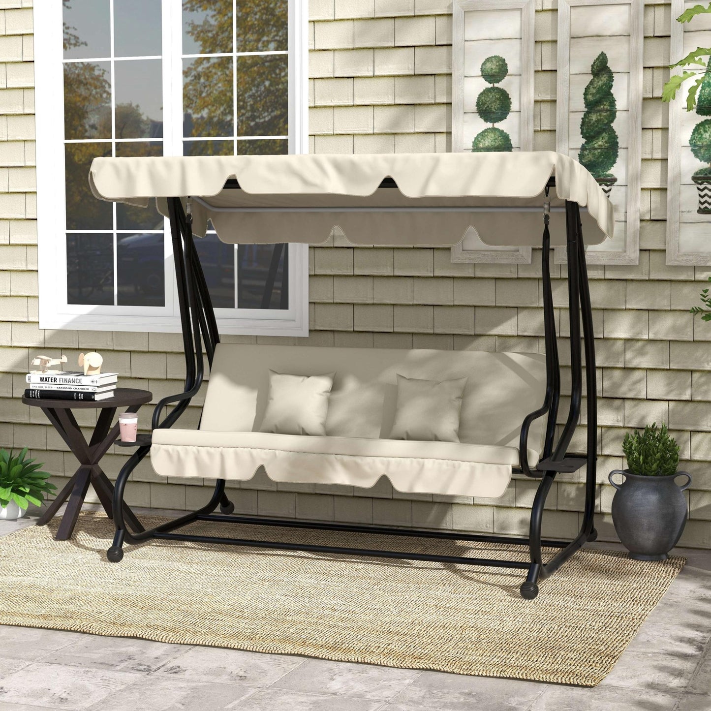Outsunny Three-Person garden Swing Chair, with Adjustable Canopy - Cream