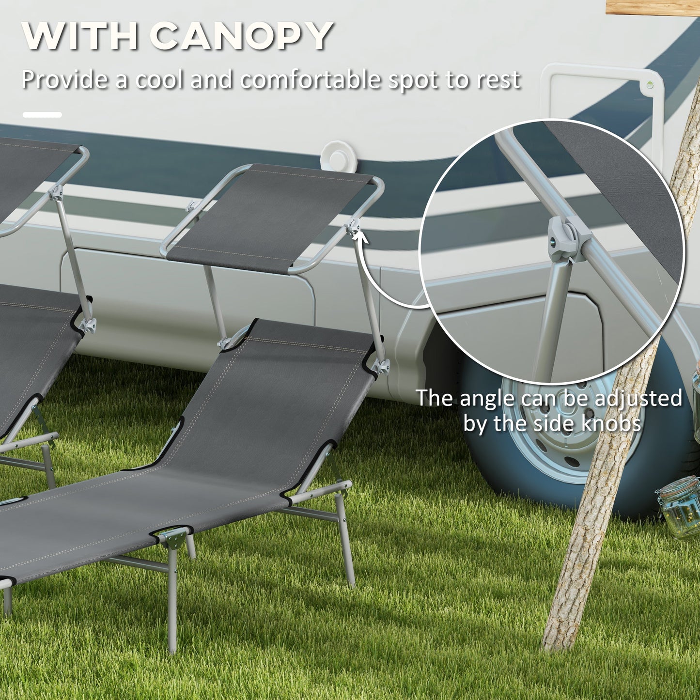 Outsunny Folding Sun Lounger Set of 2 with Canopy, Reclining Sunbed with 4-Position Adjustable Backrest, 600D Oxford Cloth, Portable Garden Lounger Recliner Chair for Beach, Camping, Patio, Grey