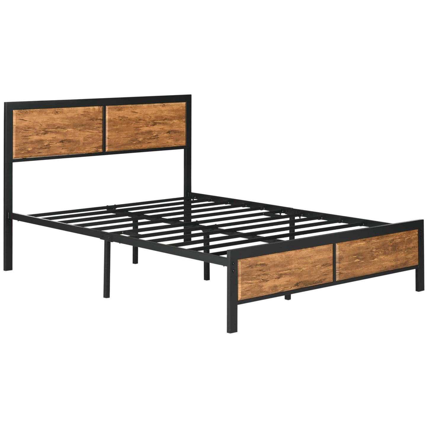 Photo of HOMCOM Industrial Double Bed Frame, 5FT Steel Bed Base with Headboard, Footboard, Slatted Support and Under Bed Storage, 142 x 195cm, Rustic Brown in Brown colour on a white background