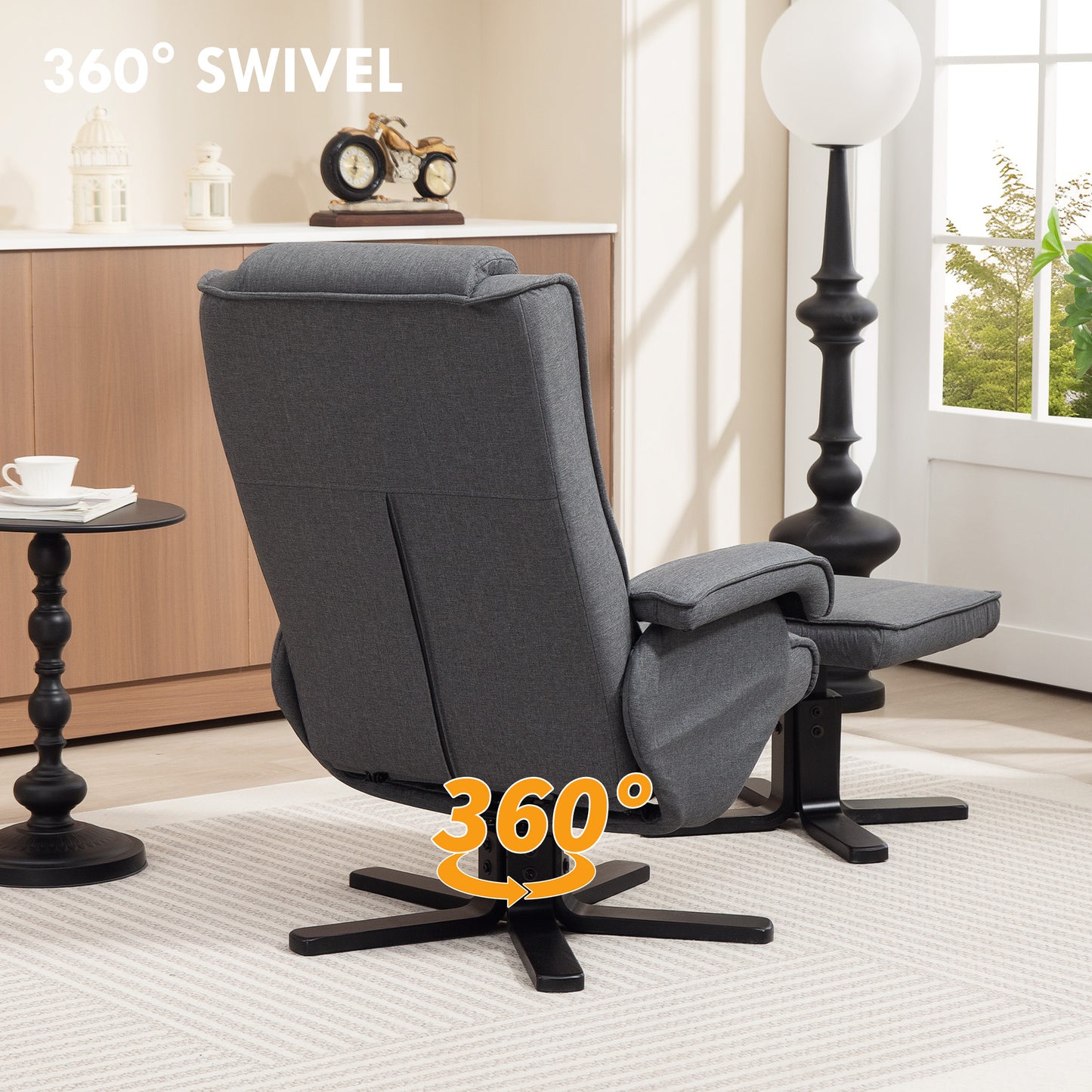 HOMCOM Swivel Recliner Chair with Footstool - Charcoal Grey Linen