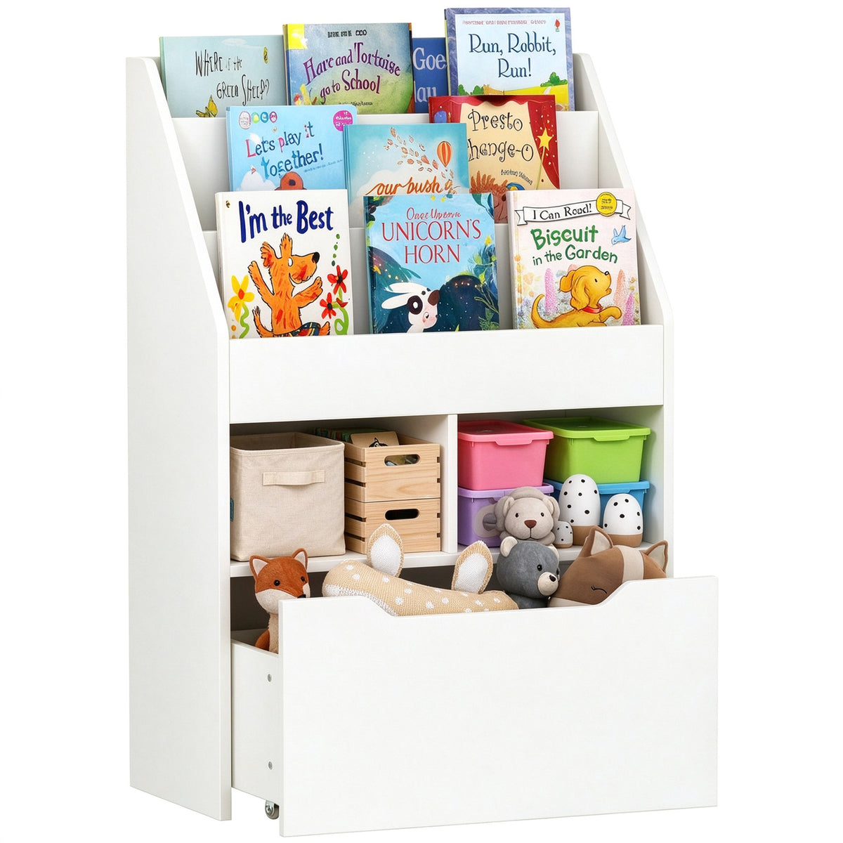 White kids' bookshelf with three front-facing book tiers, two storage compartments, and a large wheeled drawer.