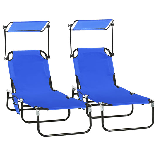 Photo of Outsunny Set of Two Folding Sun Loungers, with Adjustable Backs and Sun Canopies - Blue in Blue colour on a white background