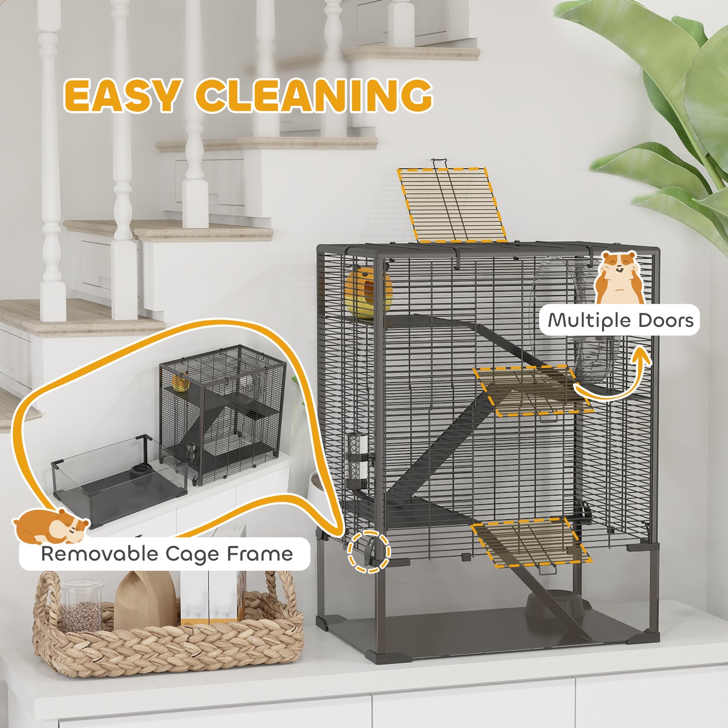 PawHut Four-Tier Hamster Cage with Deep Tempered Glass Bottom, Hut, Running Wheel, Food Dish, Water Bottle, 60 x 40 x 80cm