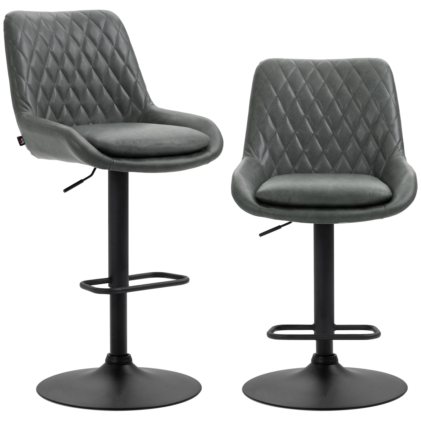 Photo of HOMCOM Retro Bar Stools Set of 2, Adjustable Kitchen Stool, Upholstered Bar Chairs with Back, Swivel Seat, Dark Grey in Grey colour on a white background