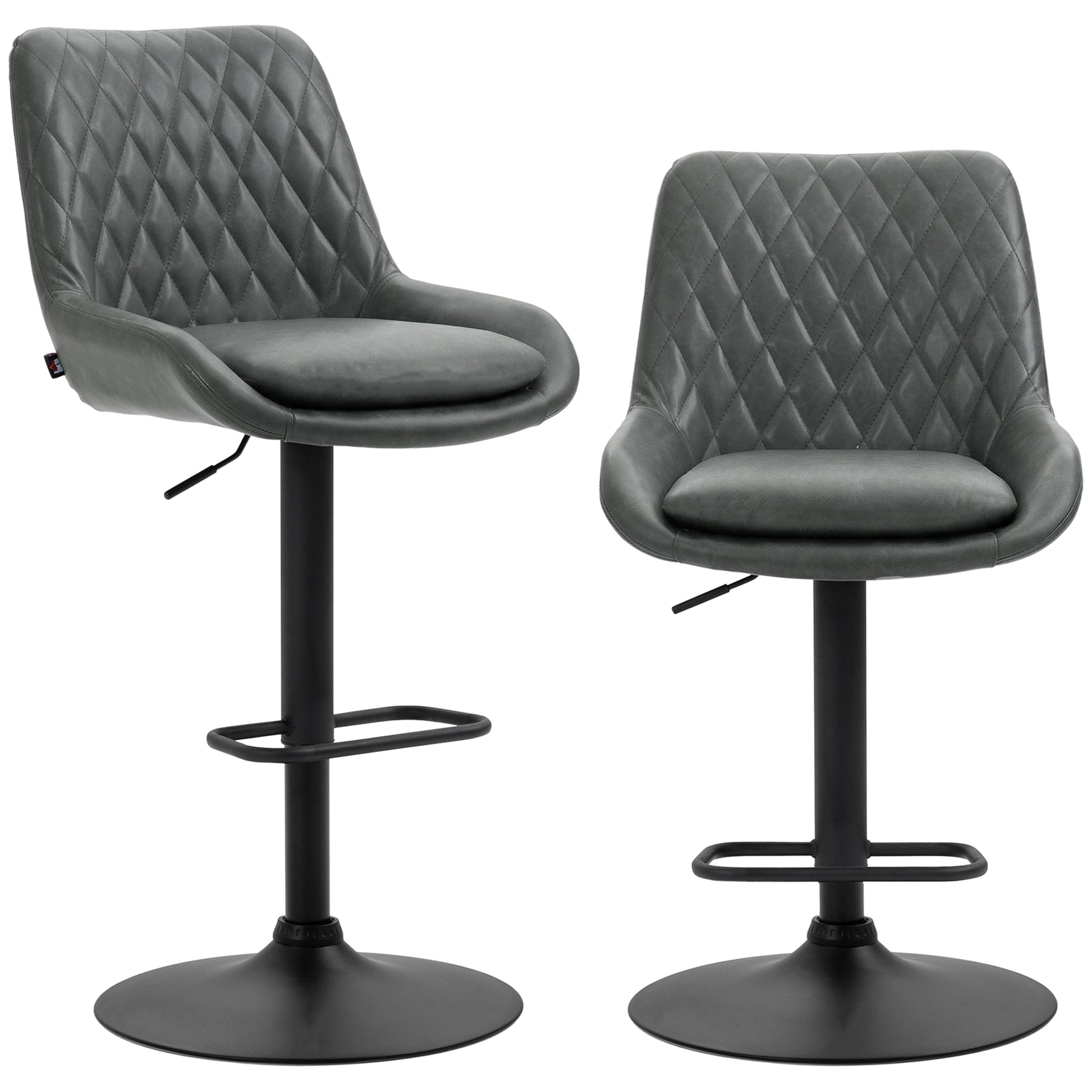 Photo of HOMCOM Retro Bar Stools Set of 2, Adjustable Kitchen Stool, Upholstered Bar Chairs with Back, Swivel Seat, Dark Grey in Grey colour on a white background