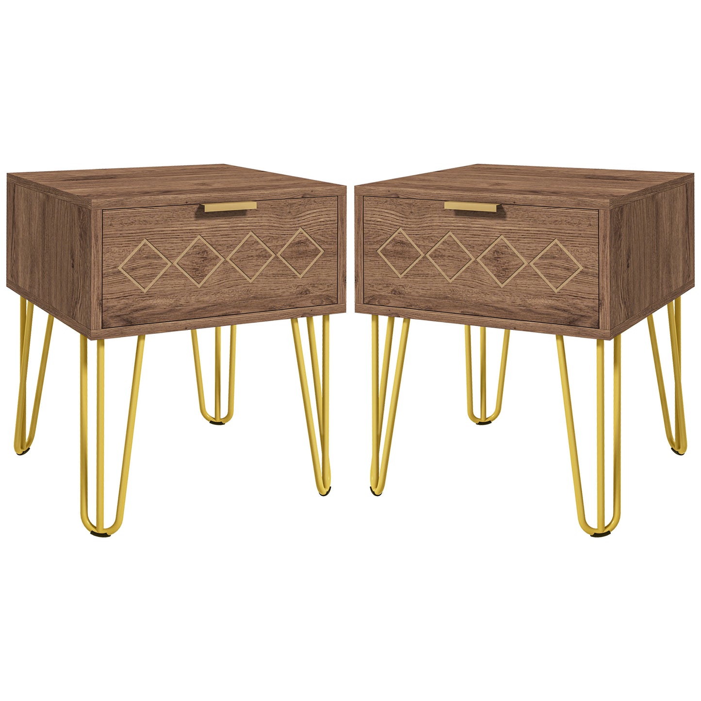 Photo of HOMCOM Bedside Table Set of 2 with Drawer, Wooden Nightstand, Modern Sofa Side Table with Gold Tone Metal Legs for Bedroom in Bedroom colour on a white background