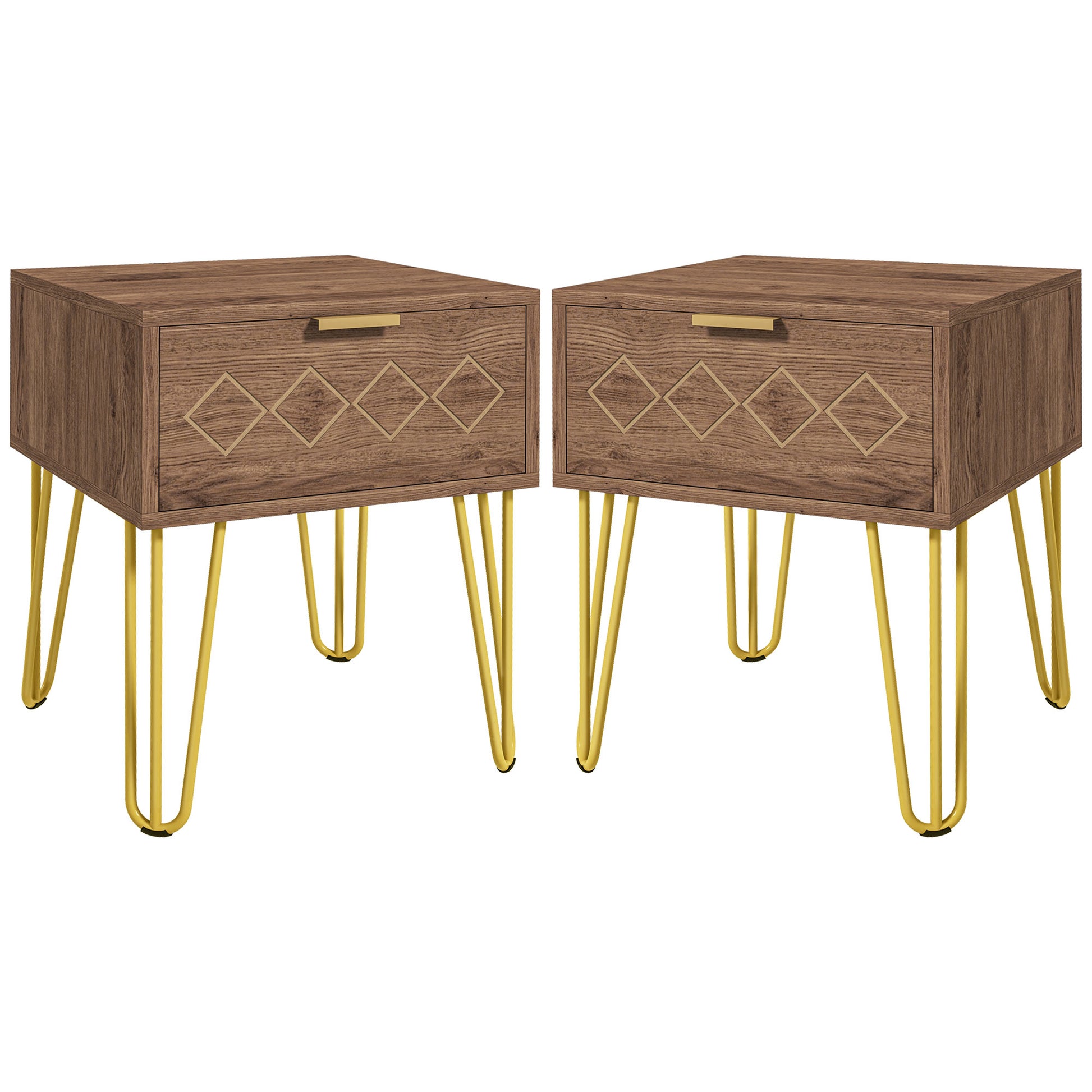Photo of HOMCOM Bedside Table Set of 2 with Drawer, Wooden Nightstand, Modern Sofa Side Table with Gold Tone Metal Legs for Bedroom in Bedroom colour on a white background