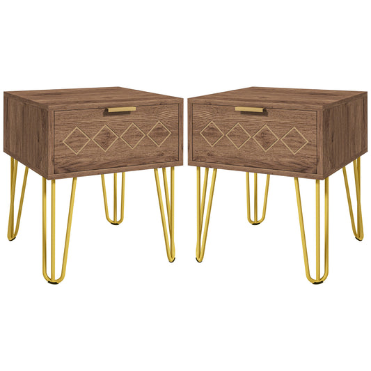 Photo of HOMCOM Bedside Table Set of 2 with Drawer, Wooden Nightstand, Modern Sofa Side Table with Gold Tone Metal Legs for Bedroom in Bedroom colour on a white background