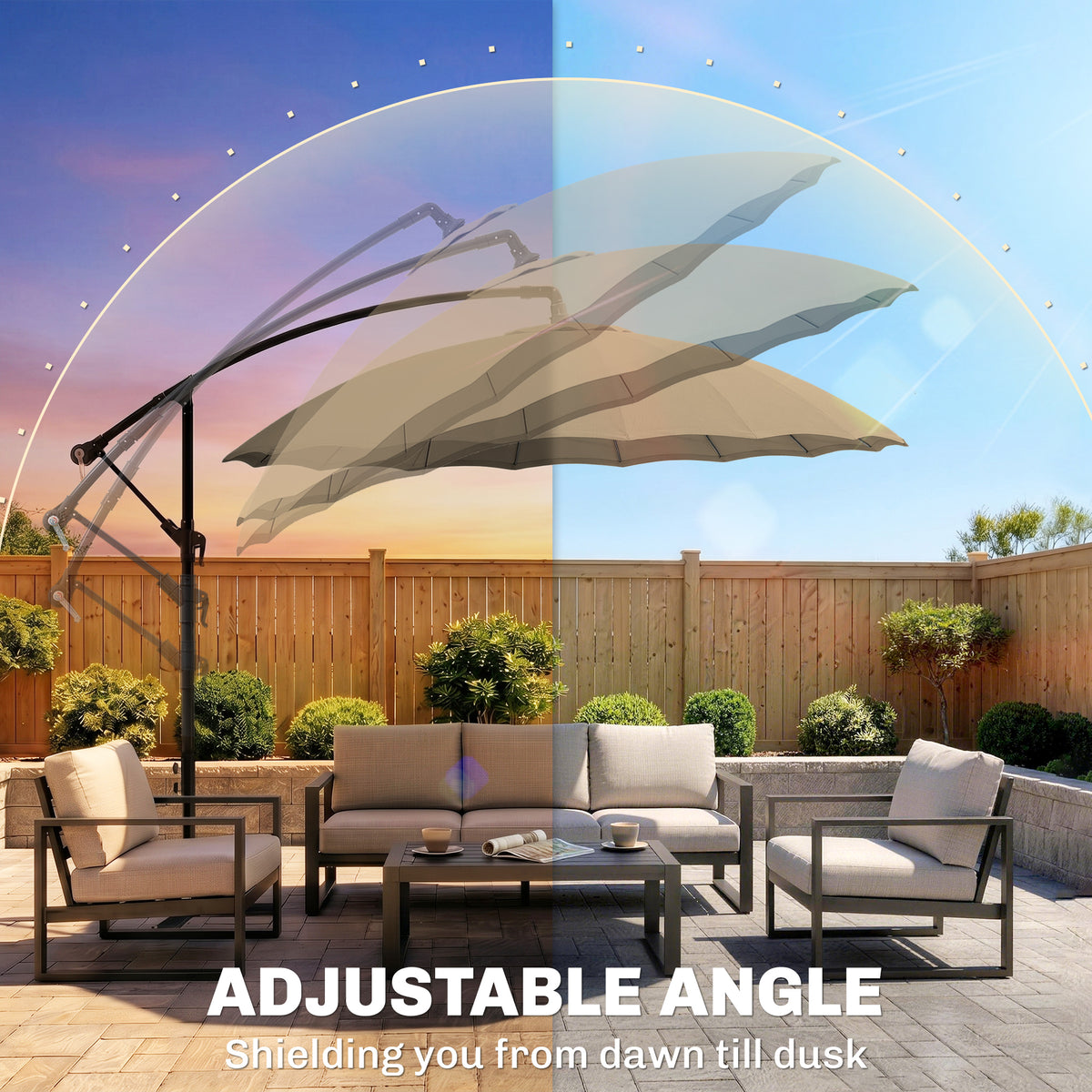 Outsunny khaki cantilever umbrella canopy tilted at adjustable angles