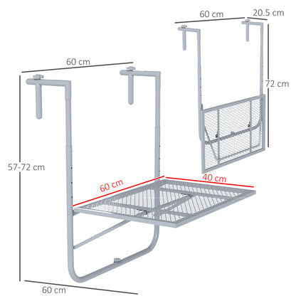 Grey folding balcony table shown with dimensions and folded configuration