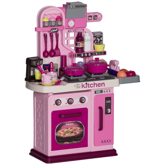 Photo of AIYAPLAY Kids Kitchen with 33 Pieces, Lights, Sounds, Storage, for Ages 3-6 Years, Pink in Pink colour on a white background