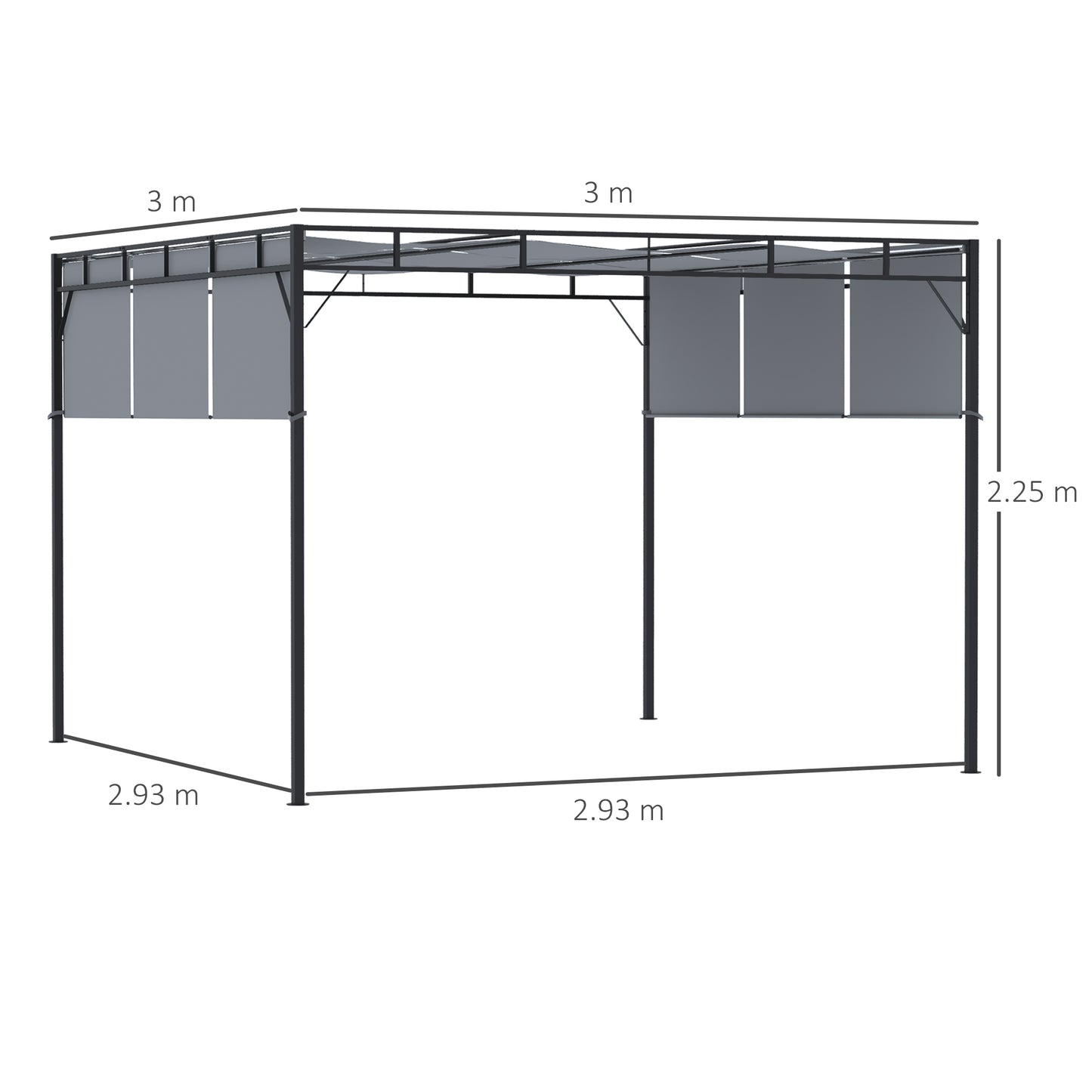 Outsunny 3 x 3(m) Steel Pergola Gazebo with Sliding Roof, Garden Gazebo Canopy Sun Shade Shelter for Outdoor, Deck, Patio, Dark Grey