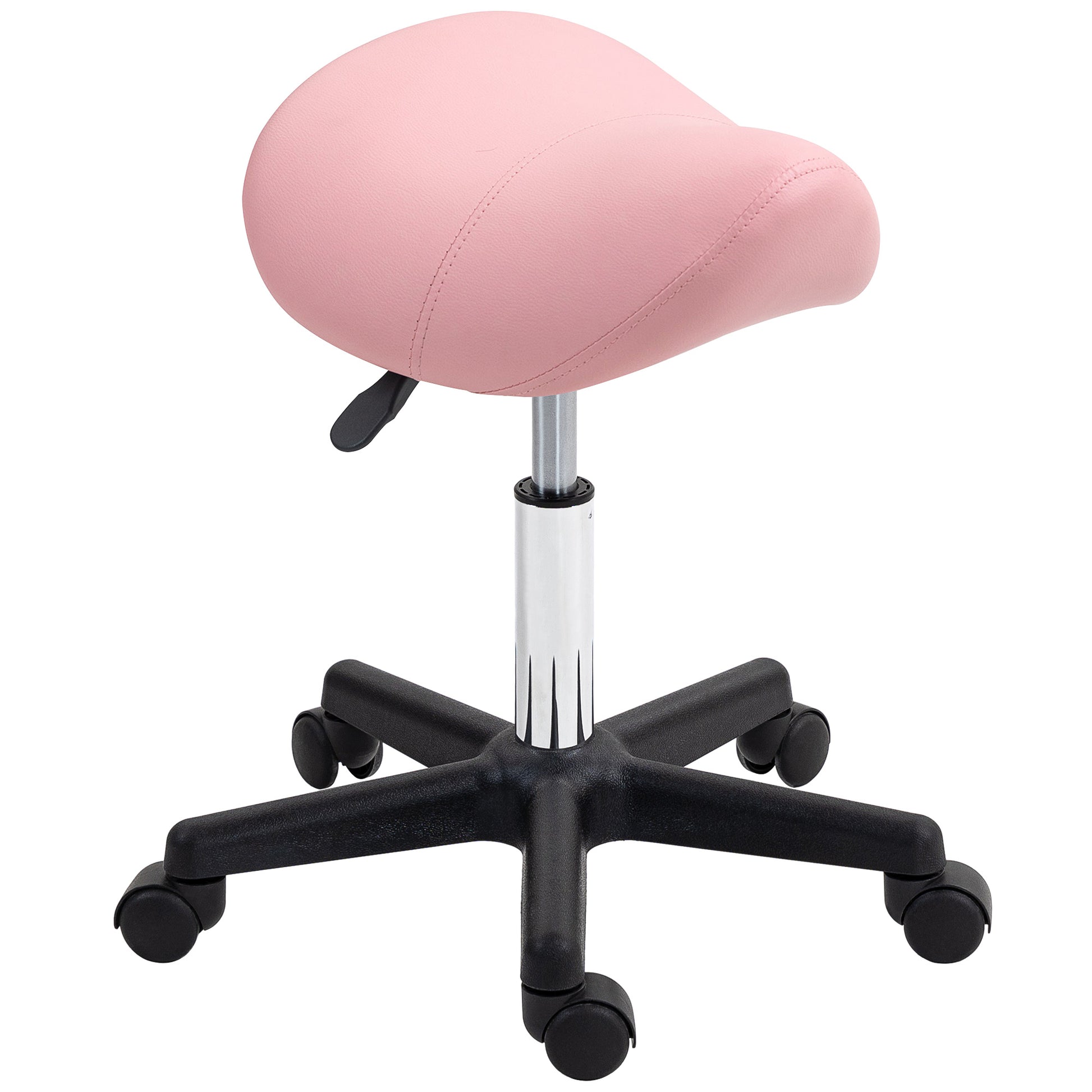 Photo of HOMCOM Saddle Stool, PU Leather Adjustable Rolling Salon Chair with Steel Frame for Massage, Spa, Beauty and Tattoo, Pink in Pink colour on a white background