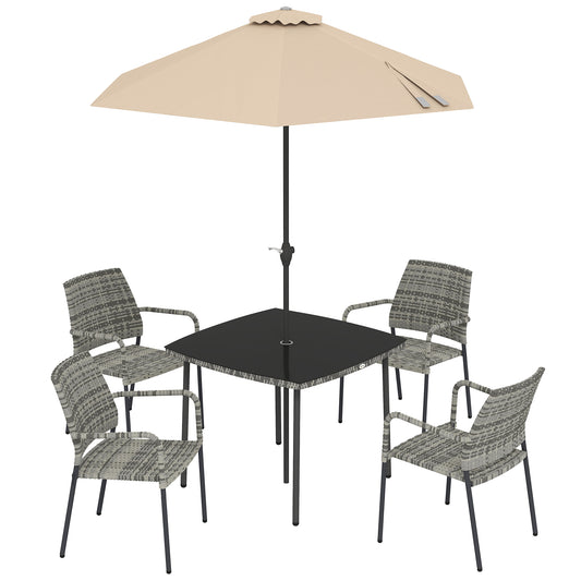 Photo of Outsunny 4 Seater Rattan Dining Set with Parasol, 6 Piece Garden Table and Stackable Chairs with Tempered Glass Tabletop in Tabletop colour on a white background