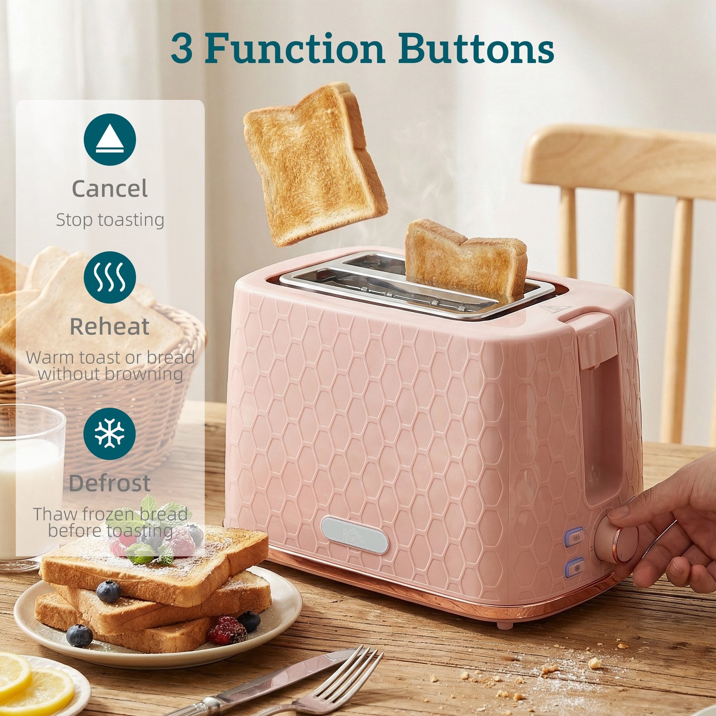 HOMCOM 1.7L 3000W Fast Boil Kettle & 2 Slice Toaster Set, Kettle and Toaster Set with Auto Shut Off, Browning Controls, Light Pink