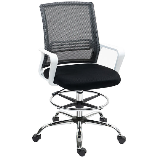 Photo of HOMCOM Draughtsman Chair, Mesh Drafting Chair, Ergonomic Office Chair with Lumbar Support, Adjustable Foot Ring, Black in Black colour on a white background