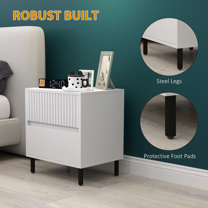 White bedside table with black steel legs and protective foot pads