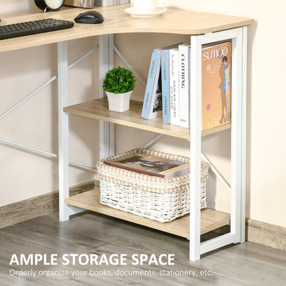 Desk's two oak-tone shelves hold books and a storage basket