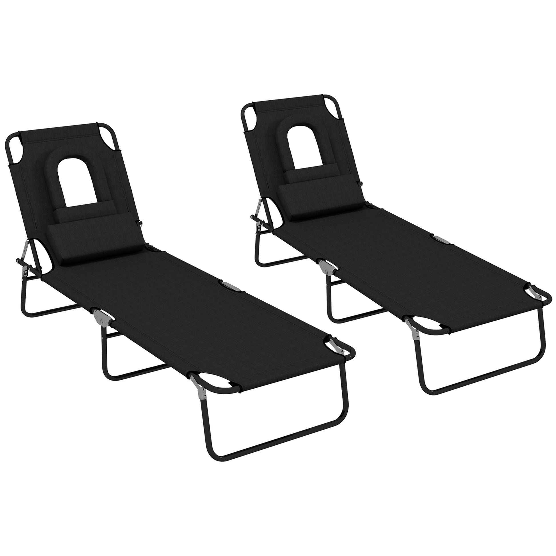 Photo of Outsunny Folding Sun Loungers Set of 2 with Face Hole, 4-Position Adjustable Backrest Garden Recliner Chairs Sunbeds, Outdoor Lounge Chairs with 600 D Oxford Cloth Seat, Pillow for Beach, Black in Black colour on a white background