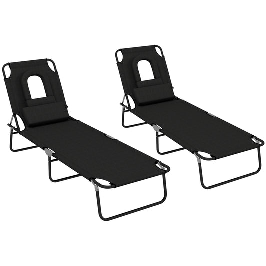 Photo of Outsunny Folding Sun Loungers Set of 2 with Face Hole,  4-Position Adjustable Backrest Garden Recliner Chair Sunbed, Outdoor Lounge Chair with 500 D Oxford Cloth Seat, Pillow for Beach, Black in Black colour on a white background
