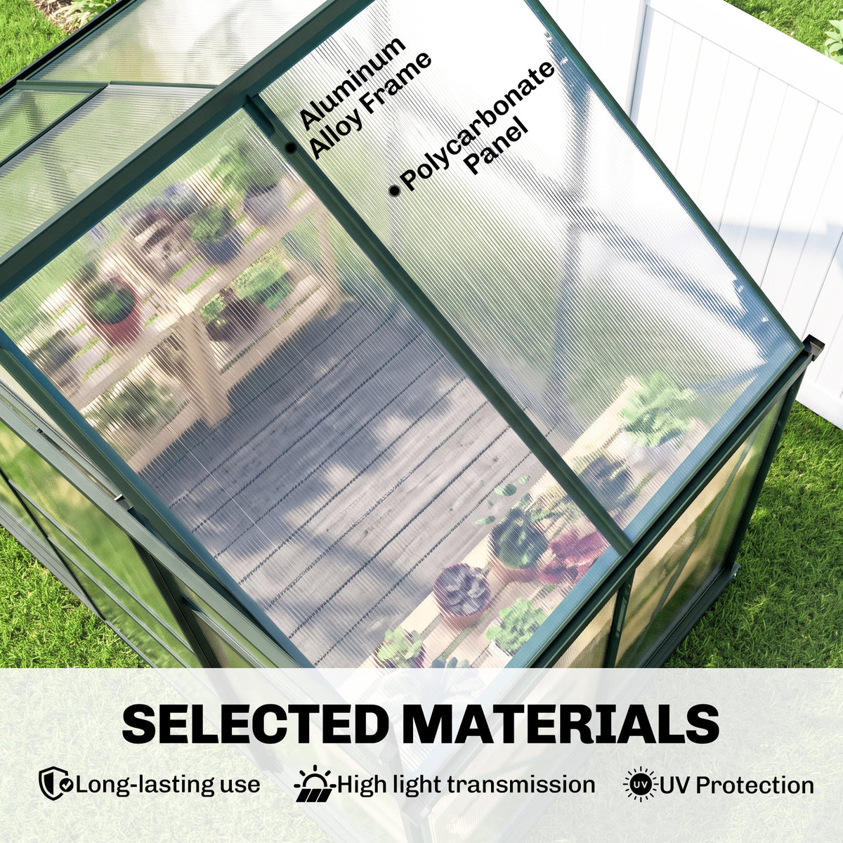 Outsunny greenhouse with translucent polycarbonate roof panels and a dark green aluminum frame