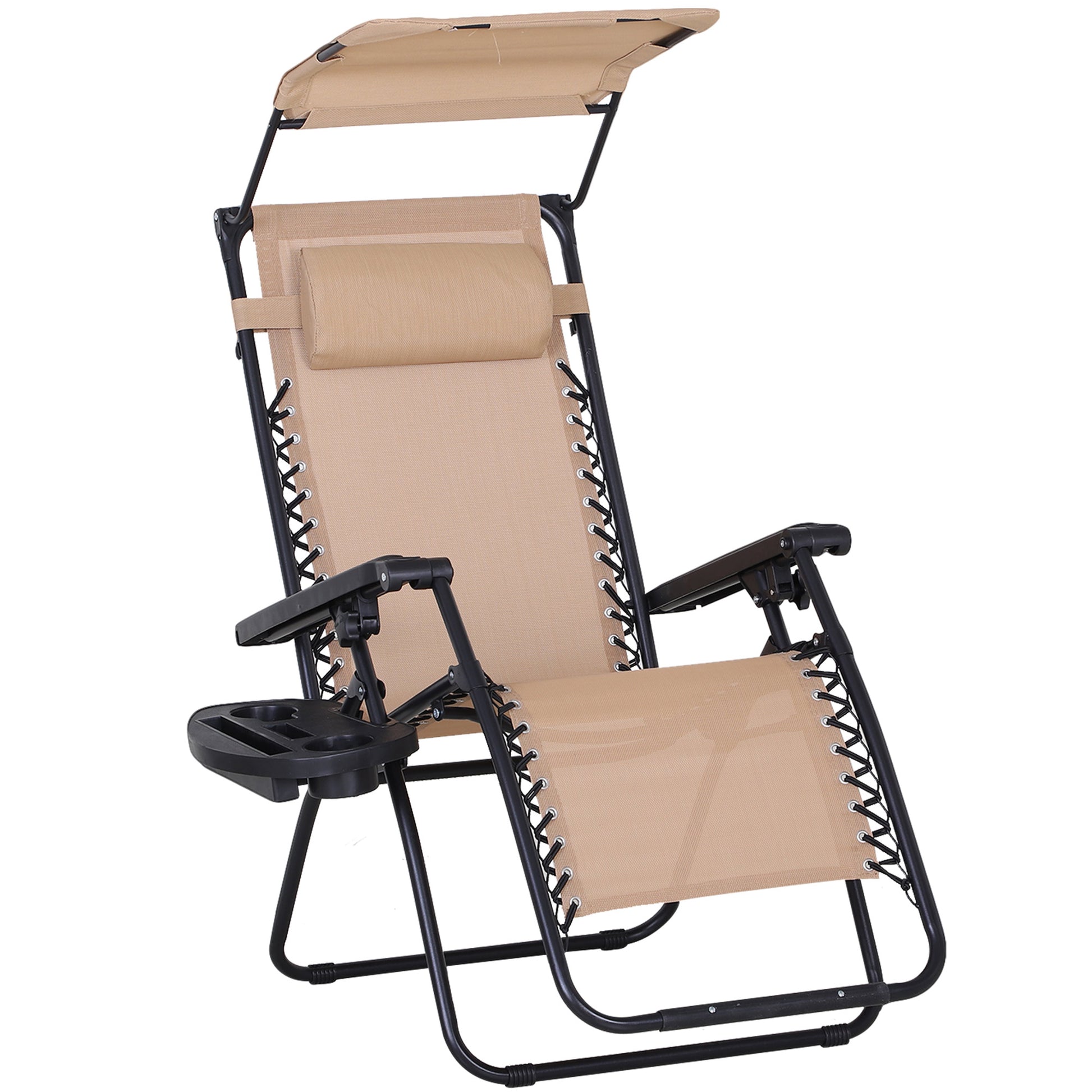 Photo of Outsunny Foldable Reclining Garden Chair with Headrest, Zero Gravity Deck Sun Lounger Seat Chair with Footrest, Armrest, Cup Holder & Canopy Shade, Beige in Beige colour on a white background