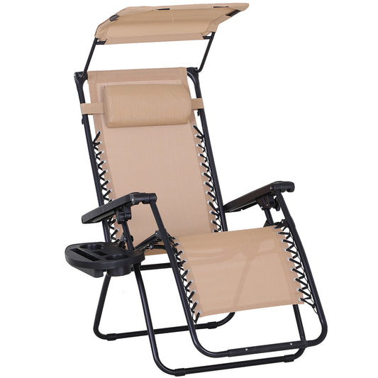 Photo of Outsunny Foldable Reclining Garden Chair with Headrest, Zero Gravity Deck Sun Lounger Seat Chair with Footrest, Armrest, Cup Holder & Canopy Shade, Beige in Beige colour on a white background