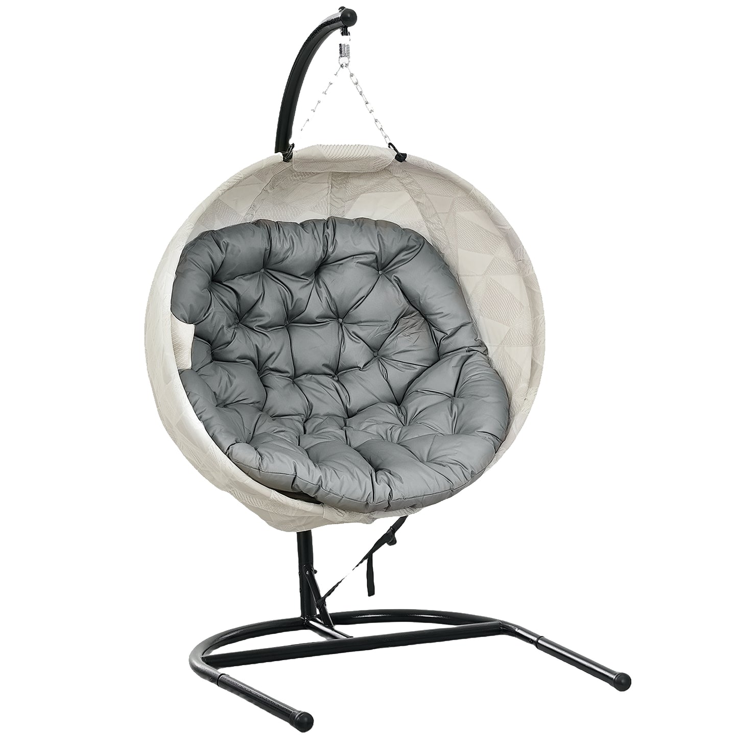 Photo of Outsunny Hanging Egg Chair Outdoor Indoor Garden Swing Chair with Folding Basket, Garden Hanging Chair with Stand, Thickened Cushion, Cup Holder for Patio, Balcony, Grey in Grey colour on a white background