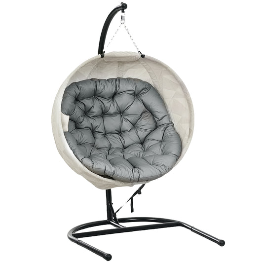 Photo of Outsunny Hanging Egg Chair Outdoor Indoor Garden Swing Chair with Folding Basket, Garden Hanging Chair with Stand, Thickened Cushion, Cup Holder for Patio, Balcony, Grey in Grey colour on a white background