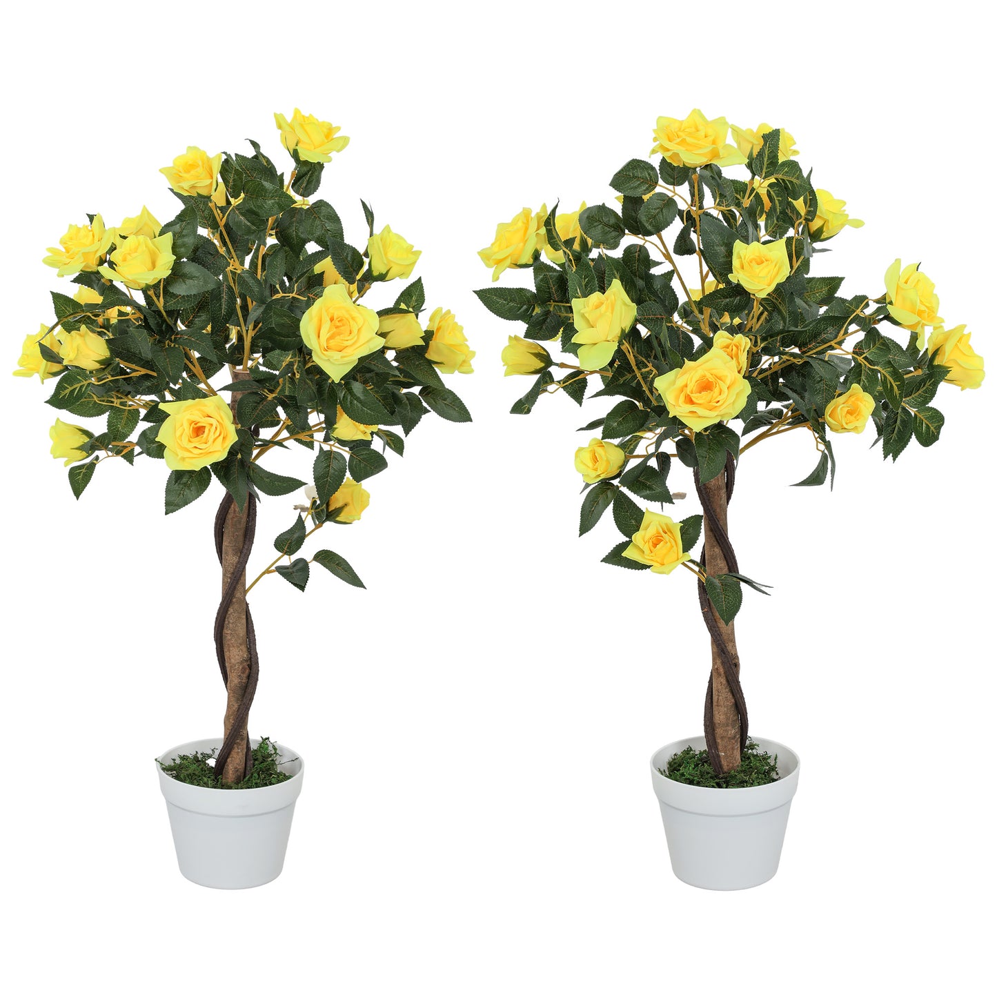 Photo of Outsunny Set of 2 Artificial Plants White Rose Floral in Pot, Fake Plants for Home Indoor Decor, 90cm, Yellow in Yellow colour on a white background