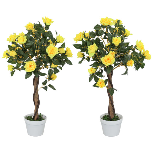 Photo of Outsunny Set of 2 Artificial Plants White Rose Floral in Pot, Fake Plants for Home Indoor Decor, 90cm, Yellow in Yellow colour on a white background
