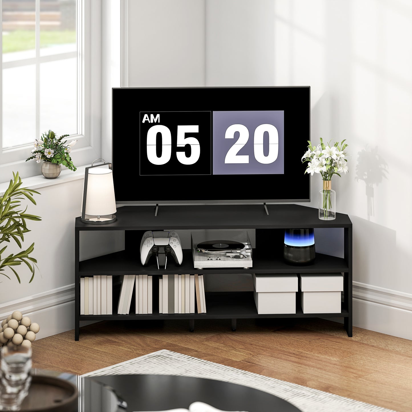HOMCOM Corner TV Stand with 2 Open Shelves for 47 Inch TV - Black