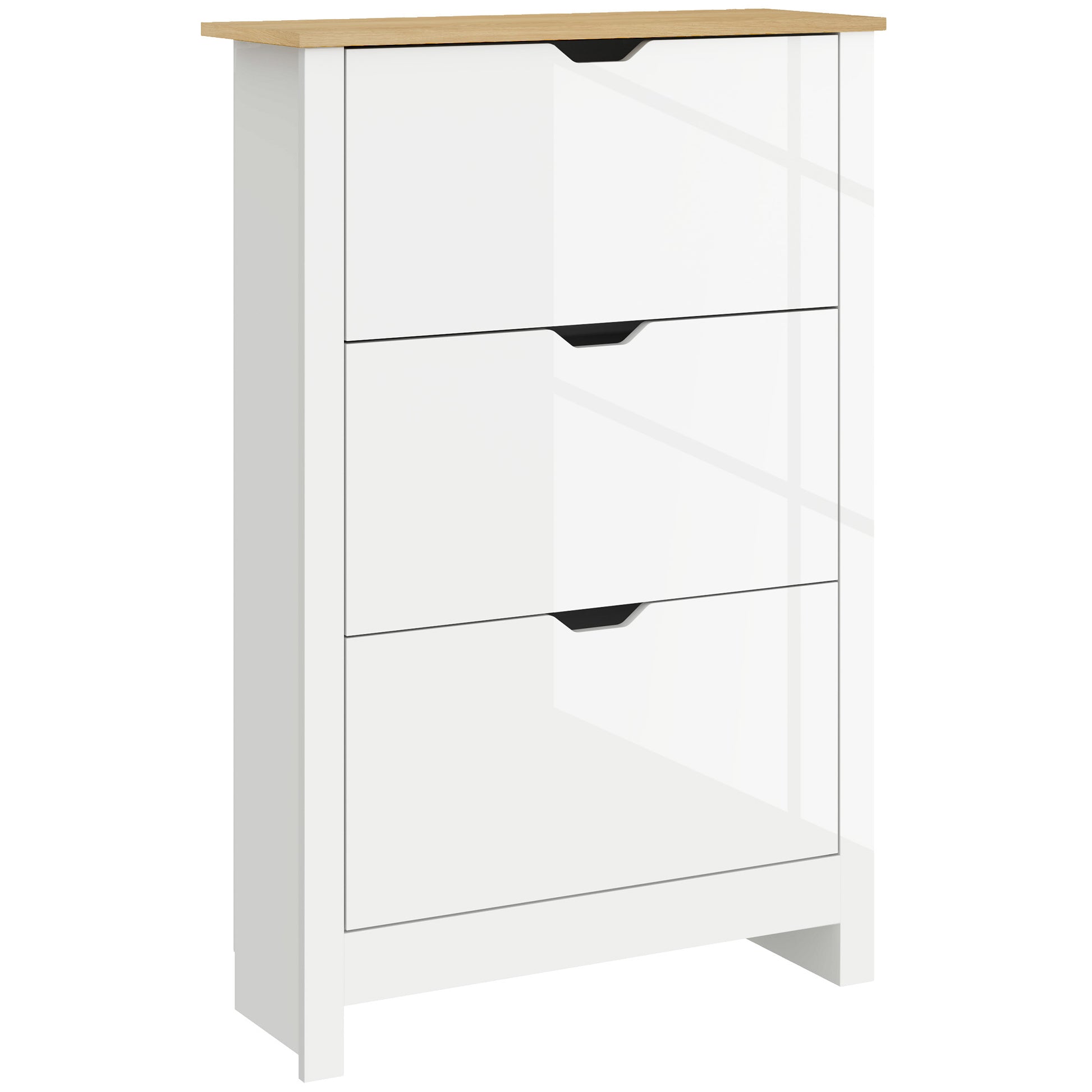 Photo of HOMCOM Slim Shoe Cabinet, Narrow Shoe Cupboard with 3 Flip Drawers, Adjustable Shelves for 18 Pairs of Shoes, High Gloss White in White colour on a white background