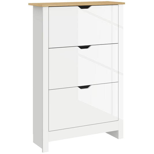 Photo of HOMCOM Slim Shoe Cabinet, Narrow Shoe Cupboard with 3 Flip Drawers, Adjustable Shelves for 18 Pairs of Shoes, High Gloss White in White colour on a white background
