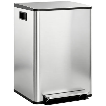 HOMCOM 60L stainless steel dual-compartment bin with a closed lid and foot pedal