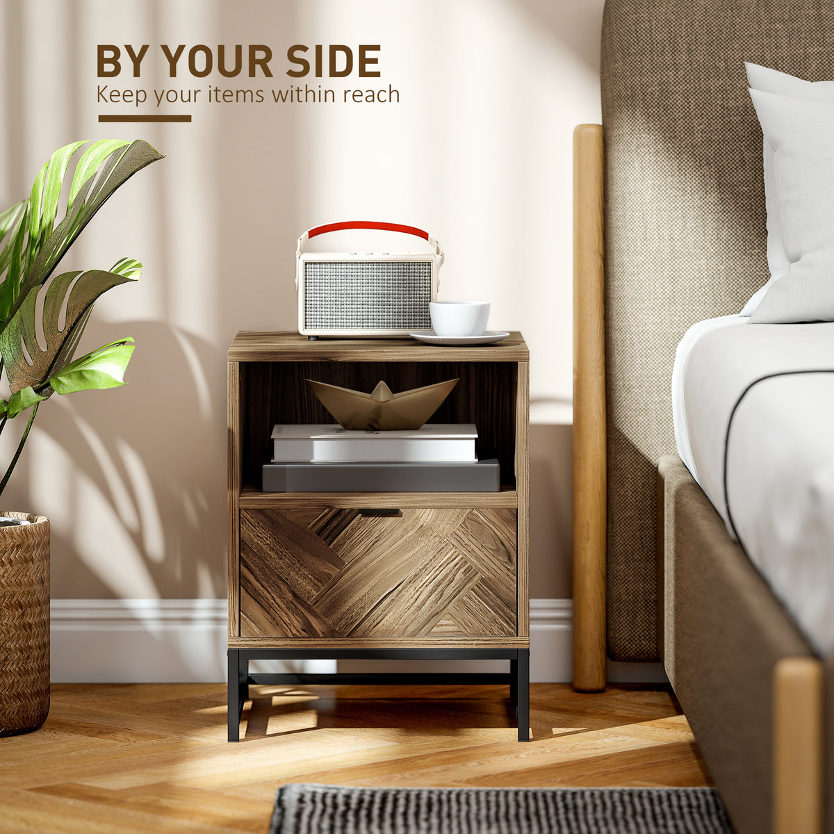 HOMCOM bedside table with open shelf, patterned drawer, and black steel legs beside a bed