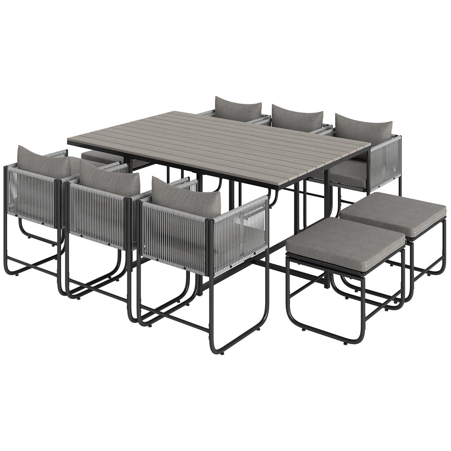 Photo of Outsunny 10 Seater Rattan Cube Garden Furniture Set, Rattan Dining Set with Cushions, Outdoor Dining Table and Chairs with 6 Armchairs, 4 Stools, Rectangular Wood Grain Plastic Top Table, Grey in Grey colour on a white background