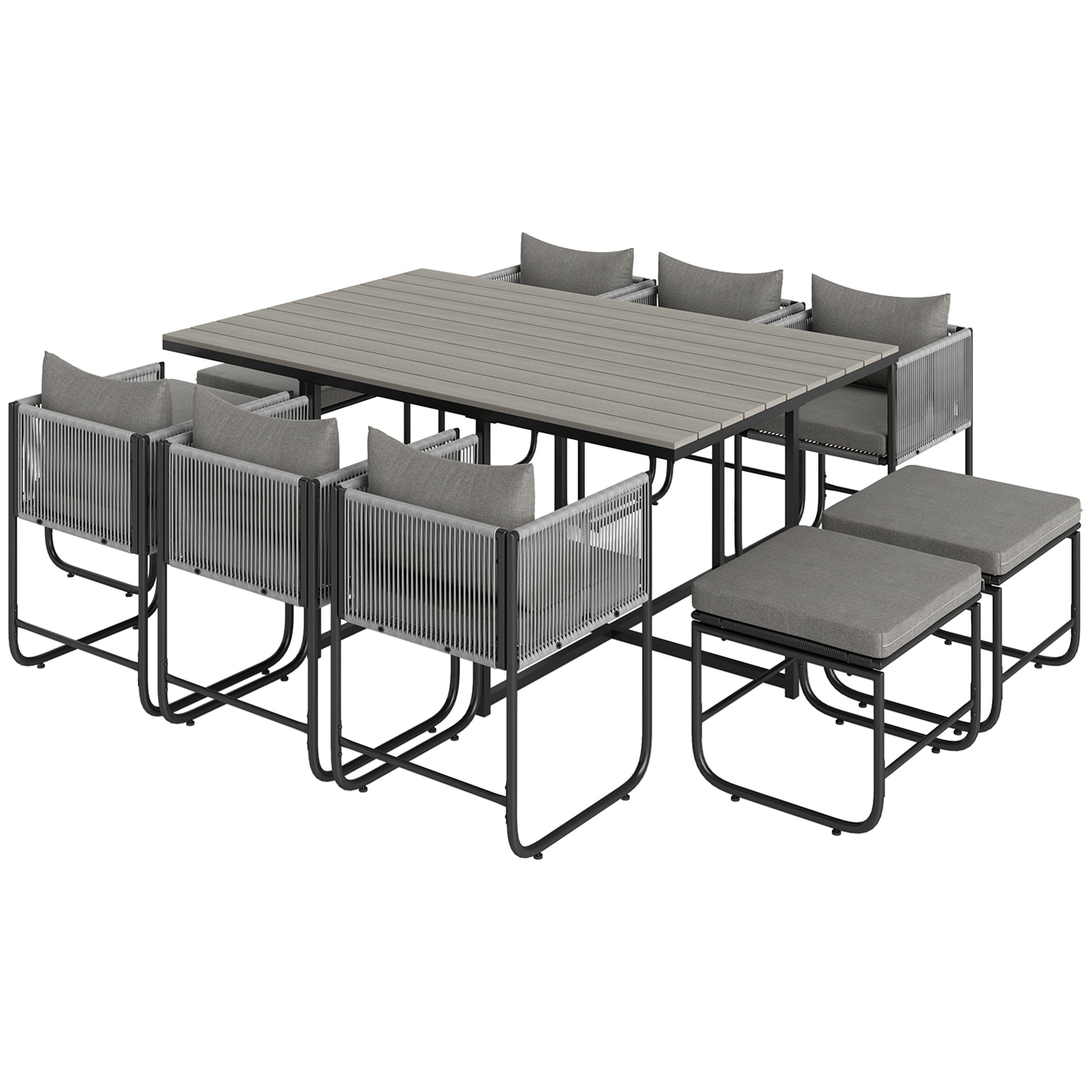 Photo of Outsunny 10 Seater Rattan Cube Garden Furniture Set, Rattan Dining Set with Cushions, Outdoor Dining Table and Chairs with 6 Armchairs, 4 Stools, Rectangular Wood Grain Plastic Top Table, Grey in Grey colour on a white background