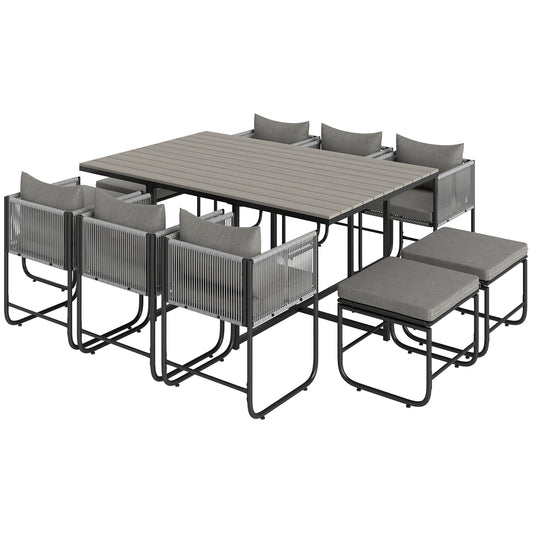 Photo of Outsunny 10 Seater Rattan Cube Garden Furniture Set, Rattan Dining Set with Cushions, Outdoor Dining Table and Chairs with 6 Armchairs, 4 Stools, Rectangular Wood Grain Plastic Top Table, Grey in Grey colour on a white background
