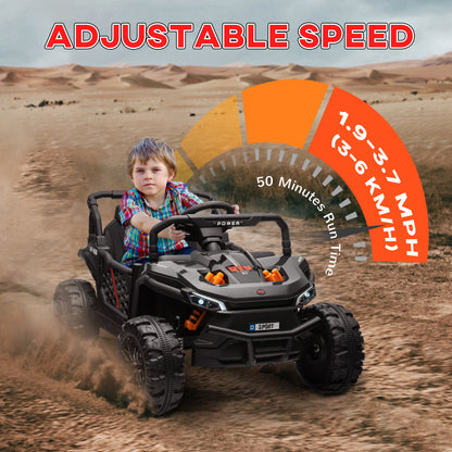 Black AIYAPLAY ride-on truck with adjustable speed and a child at the wheel