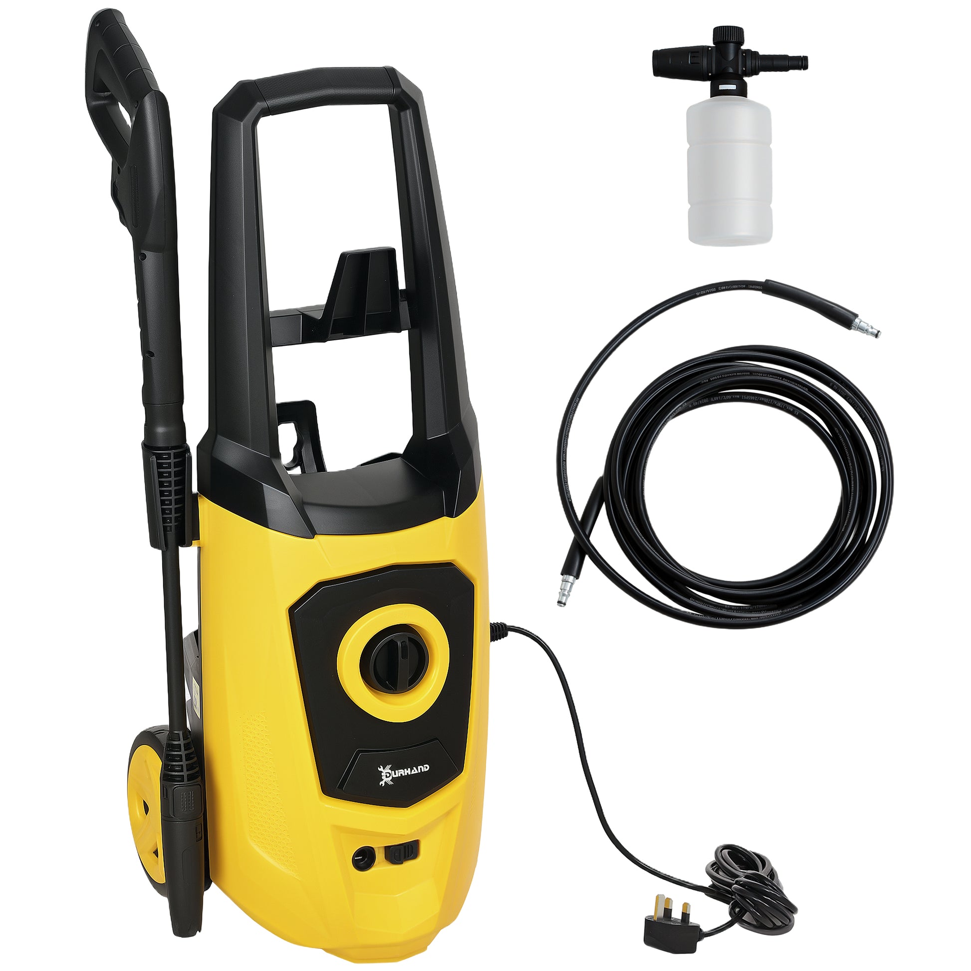 Photo of DURHAND 1800W High Pressure Washer, 150 Bar Pressure, 510 L/h Flow, High-Performance Portable Power Washer Jet Wash Cleaner with 6M Hose, Snow Foam Bottle for Garden, Car, Furniture, Yellow in Yellow colour on a white background
