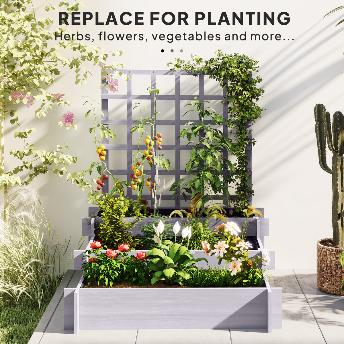 Grey three-tier planter with trellis, vegetables, herbs, and flowers