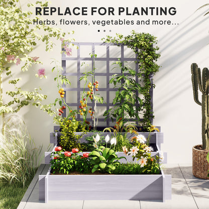 Grey three-tier planter with trellis, vegetables, herbs, and flowers
