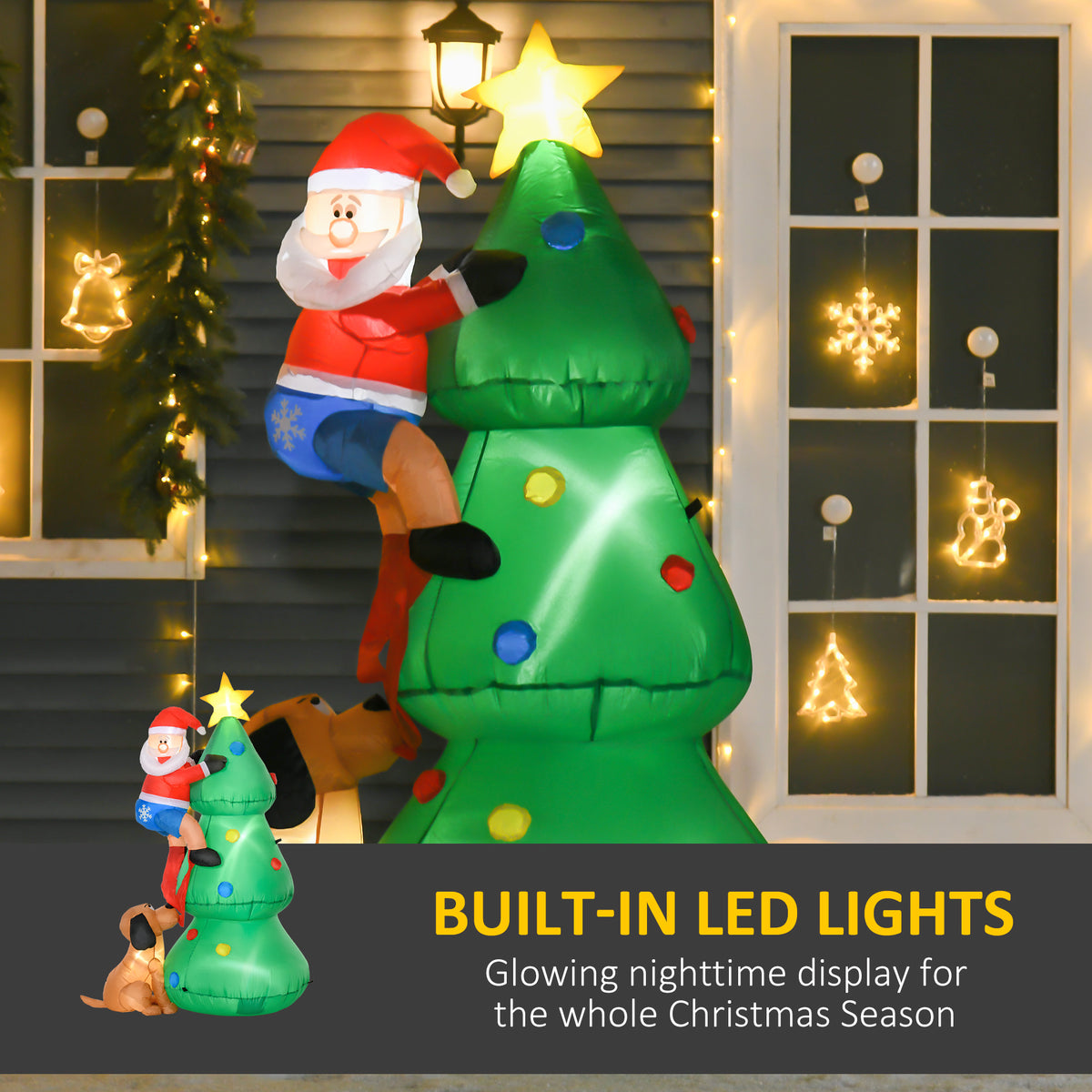 Inflatable Christmas tree with Santa and dog, illuminated by built-in LED lights